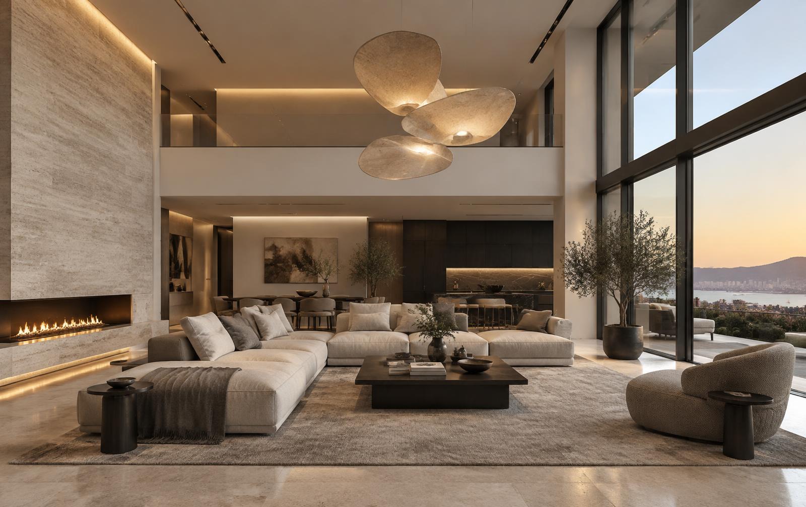 Modern residential interior illuminated with warm architectural lighting